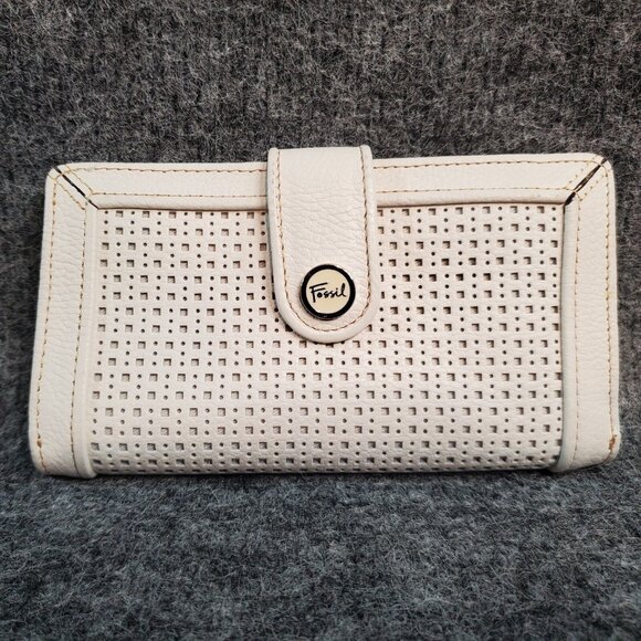 FOSSIL Trifold White Genuine Leather Wallet Snap Clutch - Picture 1 of 7